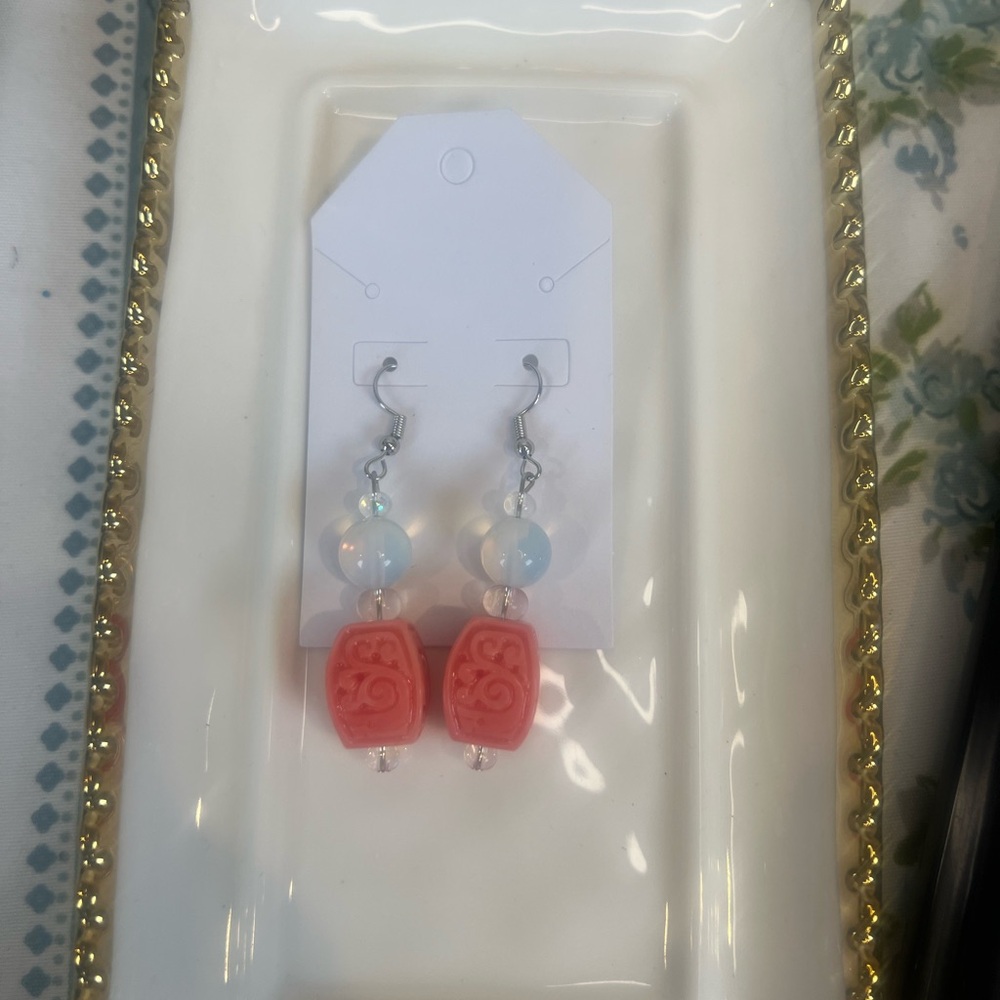 #32 carved Jasper Handmade Coral Pink Carved Bead Drop Earrings